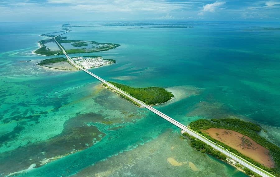 Aerial view of the Overseas Highway and turquoise waters of the Florida Keys
