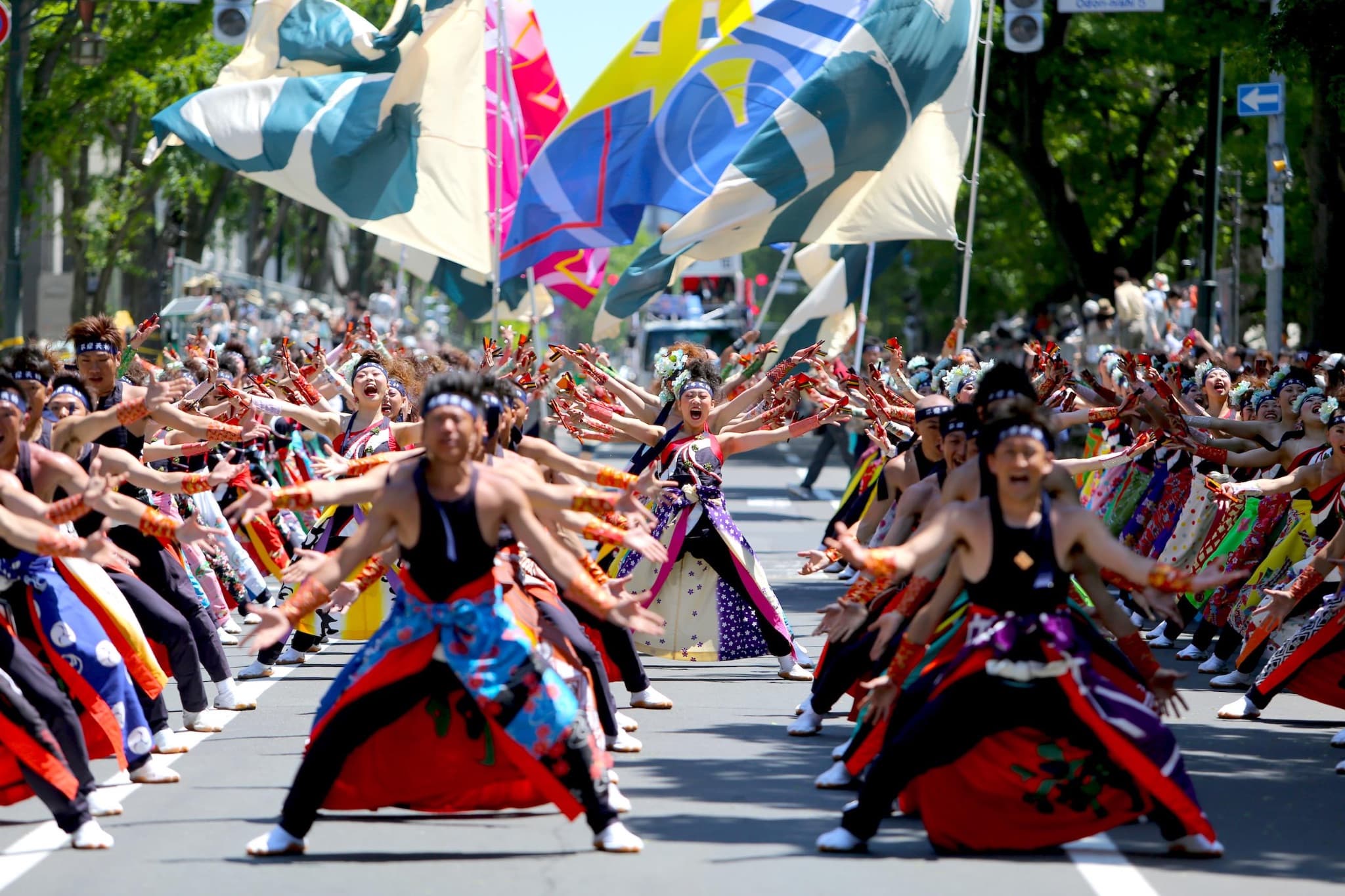 Yosakoi Soran dancers in colorful coordinated costumes performing in Odori Park Sapporo