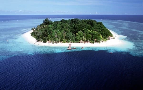 Aerial view of Sipadan Island, the small forested volcanic island rising from the Celebes Sea in Malaysia