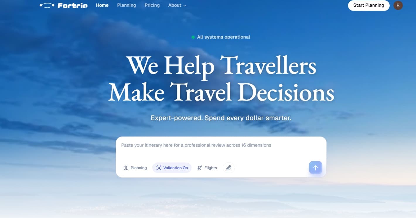 Fortrip homepage with the headline 'We Help Travellers Make Travel Decisions' and the itinerary input box