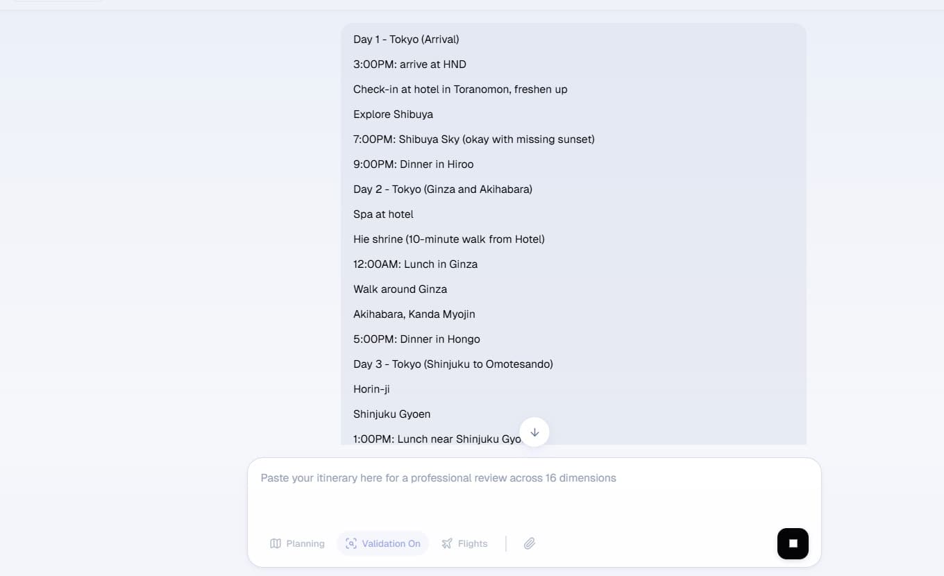 Trip Validator's itinerary input screen with a day-by-day Japan plan pasted in and Validation mode toggled on